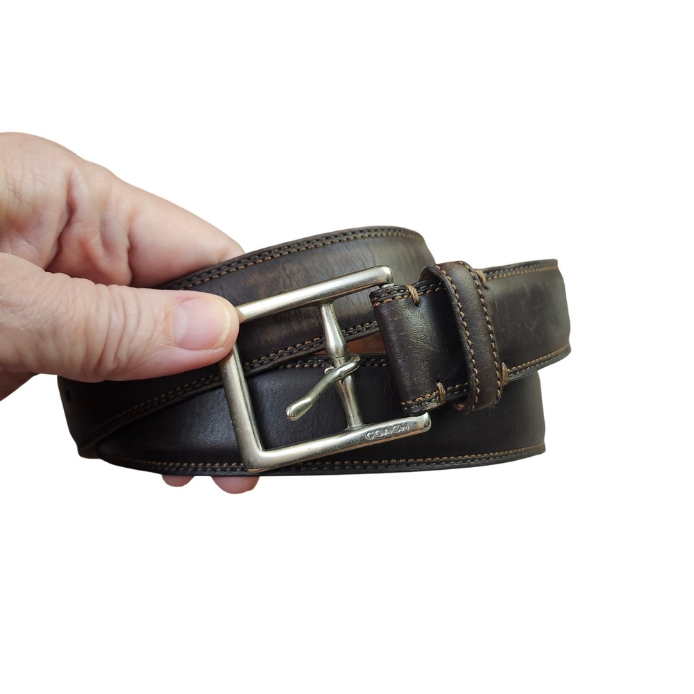 Coach Mens Leather Belt Dark Brown Silver Buckle Classic Dress 36 Luxury Office